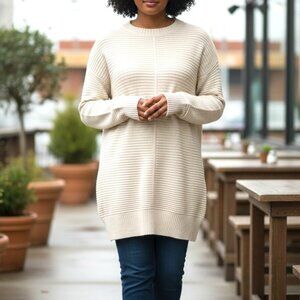 (G-211)Nine West Women’s Beige Knit Sweater Size M Long Sleeve Crewneck Cozy Pul